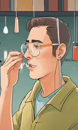 an illustrated young man in glasses and a green shirt,a man that is sitting down with something in his mouth