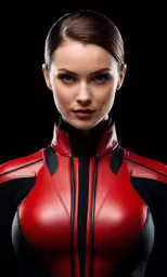 a woman with red and black clothes is posing for a photo