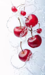 several cherries are splashing through water