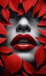 a woman with red leaves around her and her lips