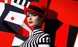 a woman in a striped top and hat poses with an abstract background