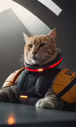 a cat in a space suit with a backpack sits in front of a sculpture