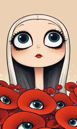 an animated anime character with long hair and large eyes, surrounded by red flowers