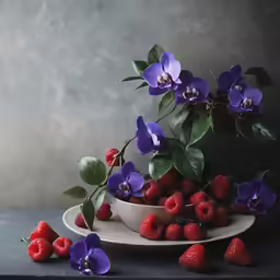 strawberries and flowers with petals on a plate