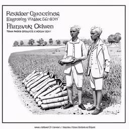 two men are standing next to bags of hay