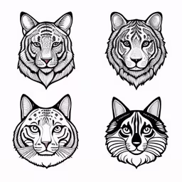 four different faces with different angles of their heads,the head of three cats and two dogs are shown in black and white