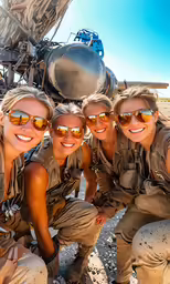 group of women sitting under a tree next to a fighter jet