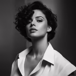 a woman in a white shirt posing for a black and white photo