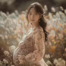 an attractive pregnant woman posing in a field of flowers,pregnant woman in a field full of flowers holding her belly