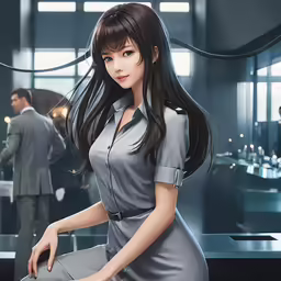 the girl in the grey dress is posing in front of the computer