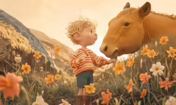 there is a little boy with a horse in the field