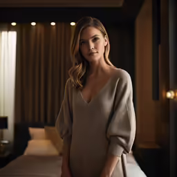 the woman is standing on the bed in the bedroom
