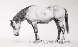 the horse is eating hay from the ground