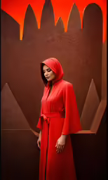 a woman is standing in front of a red wall