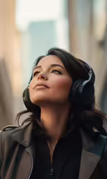 a woman standing outside with headphones on