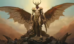 an artwork from a video game of a male character with horns and massive wings