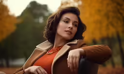 a woman is wearing a brown coat and sitting on a chair in the park