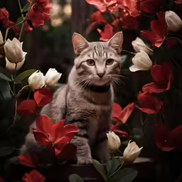 a close - up of a cat with flowers around