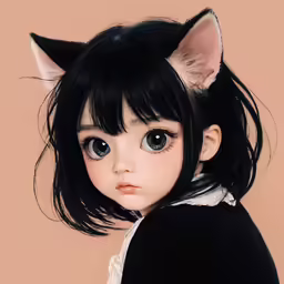 an animated doll with long black hair and big blue eyes