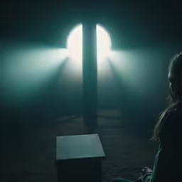 a woman sitting on a bench in front of light beams