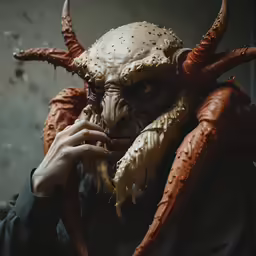 a creepy demon man with long horns wearing a scary costume