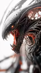 an alien face with a demonic look in a sci environment