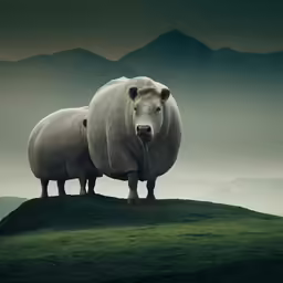 two large cows stand on a grassy hill