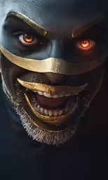 a man with big orange eyes wearing a mask