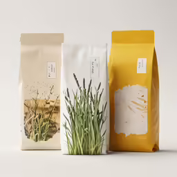 three bags with green plants in them are on the ground