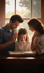 a man, woman and girl looking at an open book