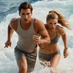 a man and a woman are walking through some water