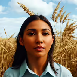 a young woman standing next to the wheat