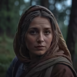 a girl in a shawl standing in the woods