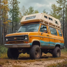 an old van has a camper attached to it