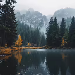 there is trees and mountain behind the water
