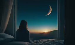 a woman looks out a window at the moon and a half moon