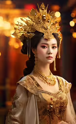 an asian woman wearing a gold costume and jewelry,a woman in golden outfits wearing a headpiece and gold necklace