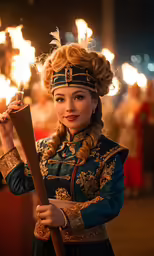 a woman dressed as a snow queen is holding fire stick