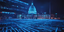 the capital building is illuminated by blue lights