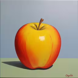 an apple sits on top of a table,an apple is painted in red, yellow and green colors,this is a painting of an apple on a table,a picture of a painting of an apple,an apple is painted and it is orange