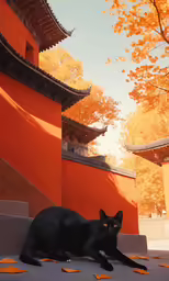 a cat lays on the ground in front of a building
