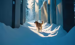 a small dog stands in a narrow path in the snow