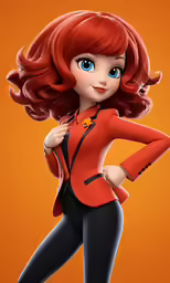 an animated drawing of a girl in red suit