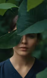 a girl peeking through green leaves in front of her