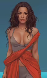 the nude woman is wearing orange draped dress