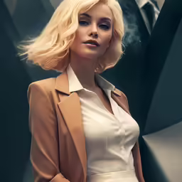 a woman in a suit smoking on a cigarette