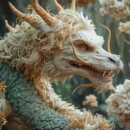 a white wolf is in a green bush and is covered with moss
