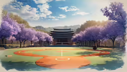 a colorful image of an oriental building with trees lining the base and baseball field