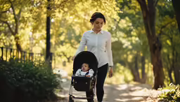 an asian mother walks with her baby while walking down the road
