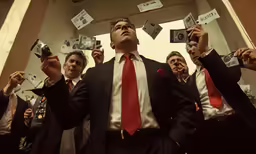 the many men in suits are holding bills